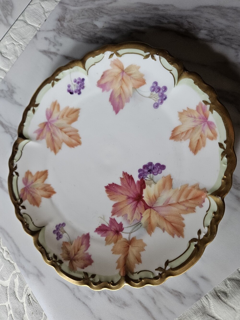Bavarian Porcelain Decorative Plate, Hand-Painted Autumn Leaf Design, Gold Edge